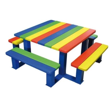 Table Pique-Nique pour enfants - Version Maternelle - Structure en acier peint et lames de bois exotique - Dimensions 1500 x 1500 mm - Hauteur d’assise 290 mm_0