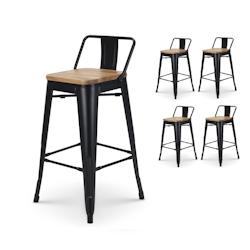 Kosmi Lot de 4 tabourets de bar en métal noir mat style industriel avec dossier et assise en bois clair - Hauteur 66cm - noir métal 3760301691525_0