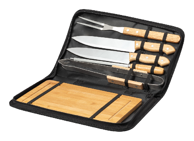 Set barbecue - Bois et acier inoxydable avec couteaux, pince, fourchette et planche à découper_0