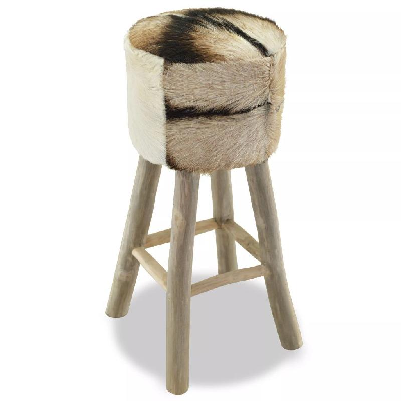 Tabouret de bar design en cuir de chèvre véritable - teck rond 1202052_0