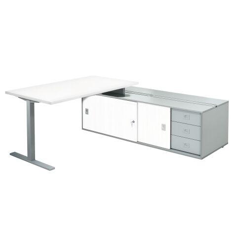 BUREAU OPTYMA L 160 X P 80 CM AVEC RETOUR SUR CONSOLE L 181,5 X P 66 CM ET CAISSON INTÉGRÉ PLATEAU BLANC PIÈTEMENT T MÉTAL ALUMINIUM