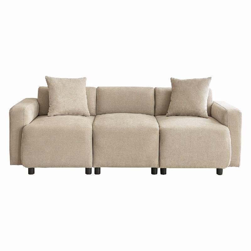 Merax Canapé 3 places 211 x 67 x 71 cm, canapé de salon beige en chenille avec 2 coussins, assise large et accoudoirs arrondis - beige multi-matéri_0