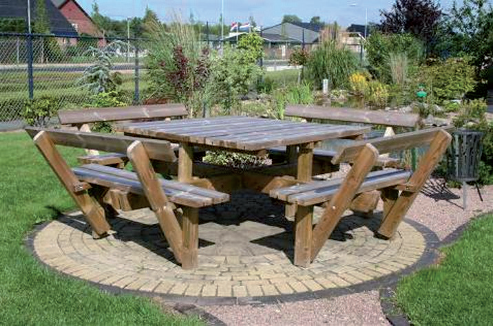 Table pique nique l'Arbanaise en bois avec dossier UR-1609 - Sapin du nord Classe IV - Tanalith®E - Dimensions 2400 x 2400 mm - Livrée semi-montée et emballée_0