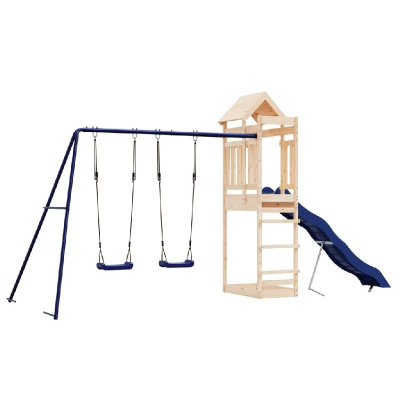 Aire de jeux d'extérieur en bois de pin massif - Balançoires, toboggan ondulé, portiques robustes - 492 x 185 x 238 cm - Réf : 02_0004748_0
