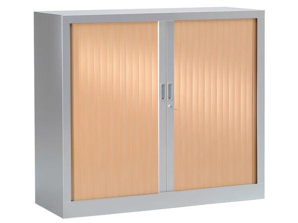Armoire basse à rideaux bois - 1200 x 430 x 1000 mm - Gris aluminium poirier rosé - 2 étagères - Fabrication française_0