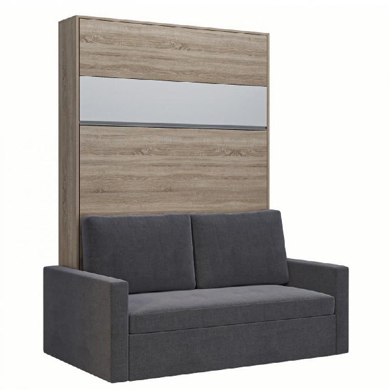 Armoire lit escamotable DJUKE SOFA - Chêne avec bandeau blanc mat - Canapé gris - Couchage 140x200 cm_0