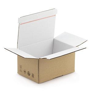 CAISSE CARTON BRUNE SIMPLE CANNELURE À MONTAGE INSTANTANÉ ET FERMETURE ADHÉSIVE INTÉRIEUR BLANC 21,5X15,5X11