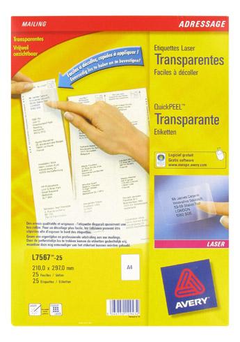 ETIQUETTE ADRESSE LASER 210 X 297 MM AVERY L7567-25 TRANSPARENTE - POCHETTE DE 25
