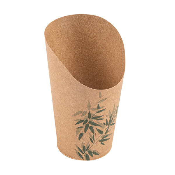 GOBELET À FRITES OUVERT 480ML Ø8.5X13,5CM CARTON MARRON MOTIFS FEUILLES VERTES - LOT DE 50 - AZ BOUTIQUE - FEEL GREEN
