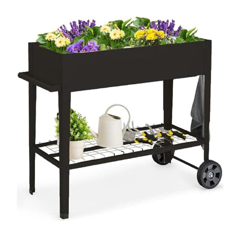 Helloshop26 - Jardinière surélevée 95 x 40 x 80 cm avec roulettes et crochets de suspension design moderne en métal noir 20_0012207 - 3000227119193_0