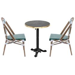 Oviala Business Ensemble table de terrasse inclinable marbre noir et 2 chaises vert - noir métal 112219_0
