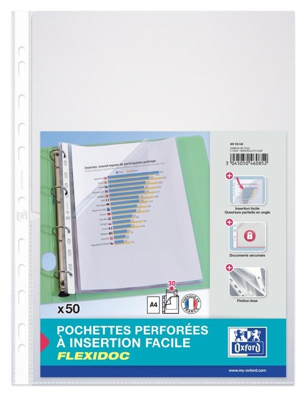 Oxford Lot de 20 Sachet de 50 pochettes perforées Flexidoc, A4, en polypro lisse 7/100e - 3045050460852_0