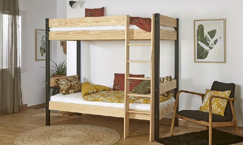 PACK LIT SUPERPOSÉ DOUGLAS + 2 MATELAS  NOIR ET BOIS 90X190 CM/OPT:MATELAS ELBE HD