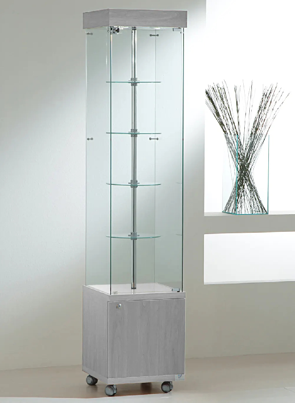Vitrine tournante avec rangement 4/18GMVA - 4 tablettes en verre - porte avec serrure - gris_0