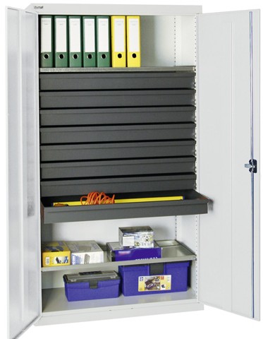Armoire d'atelier monobloc - 8 tiroirs + 2 tablettes bacs zinguées - H1800xL1000xP500mm - Serrure 3 points_0