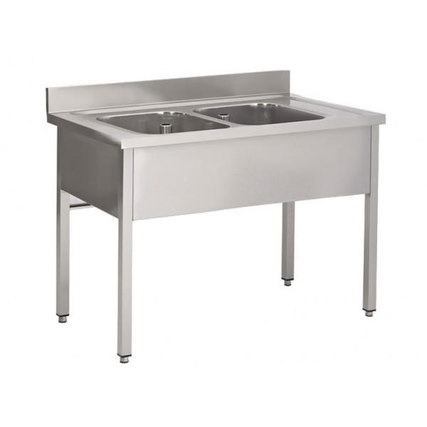 Plonge soudée sur pieds carrés sans étagère, inox AISI 304, 2 bacs, P-600 mm (Longueur, mm: 1400 - Réf SPL146-2B-1)_0