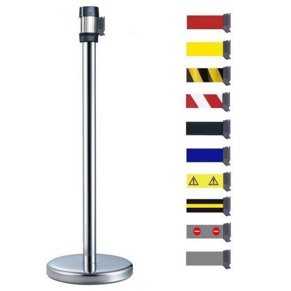 Poteau de signalisation chromé - sangle 2 mètres Rouge/Blanc - Rolléco_0