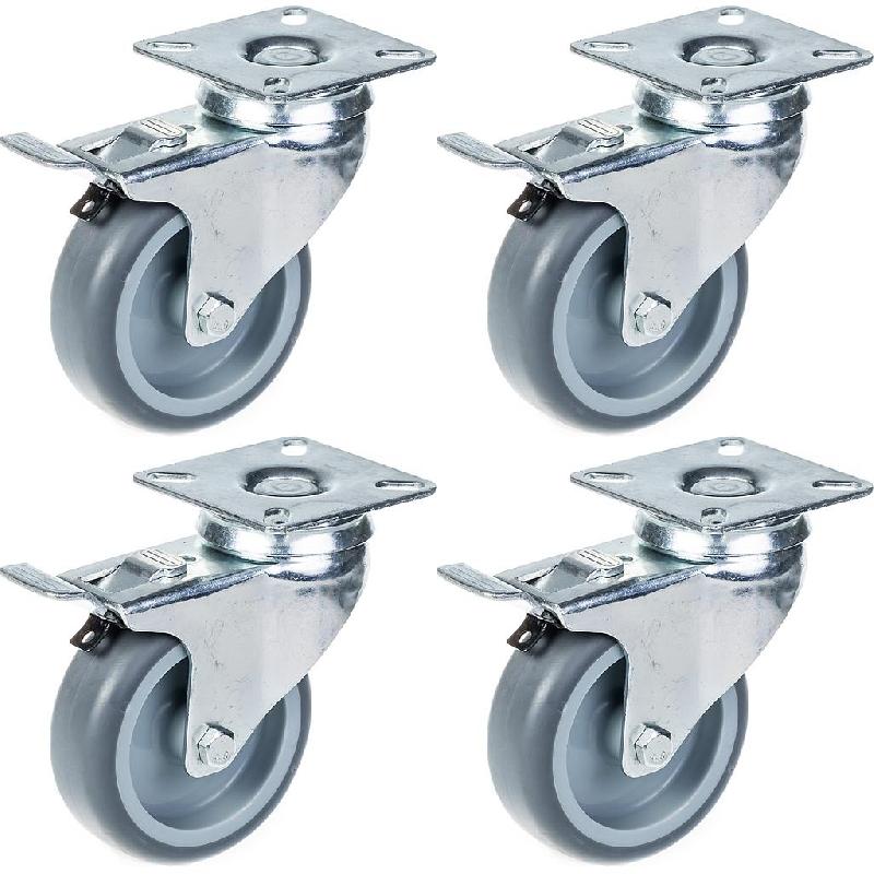 4 - 75mm roulettes Non Marking Grey Rubber braked castors Heavy Duty_0