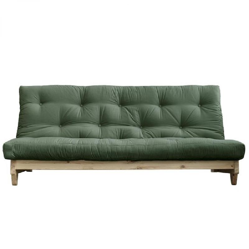 Banquette convertible FRESH - pin massif coloris vert olive - couchage 140x200 cm avec matelas futon_0