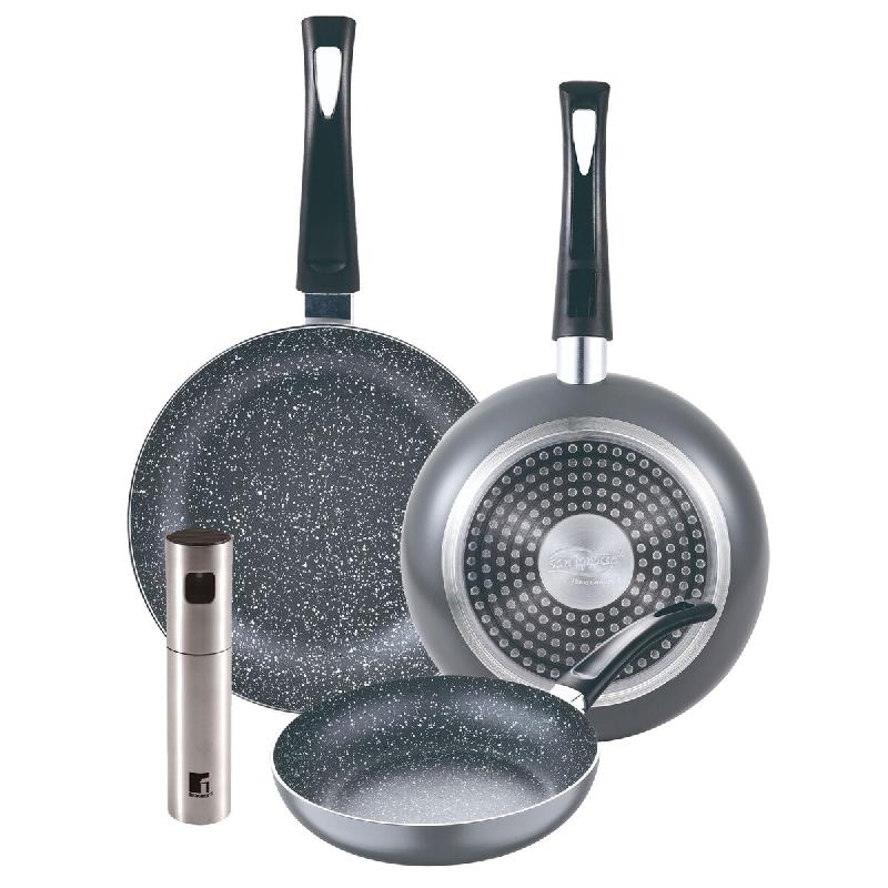 BERGNER - Ensemble 3 poêles Ø16/20/24cm aluminium embouti adapté induction Black Soul Marble avec pulvérisateur d’huile/vinaigre en acier inoxyd_0