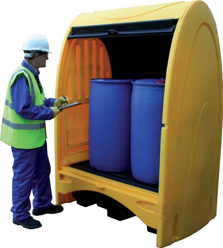 Box de rétention en polyéthylène - pour 2 fûts de 220 L verticaux ou petits bidons - stockage des liquides corrosifs - accès par rideau coulissant_0