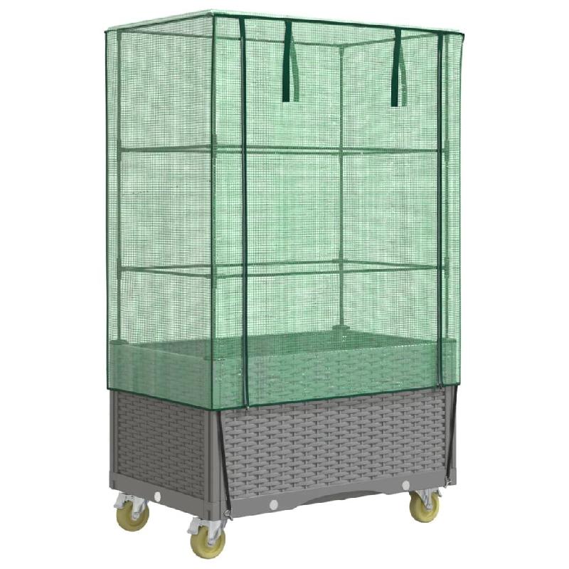 Helloshop26 - Jardinière bac lit surélevé plantes fleurs terrasse jardin surélevée avec housse et roues aspect rotin gris clair - gris 3000217921737_0