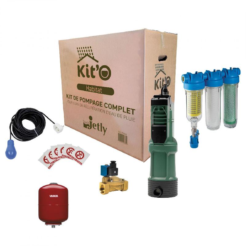 Kit'o Habitat - Kit de pompage immergée domestique pour récupérateur d'eau de pluie avec pompe automatique et réservoir surpresseur_0
