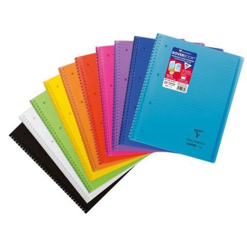 LOT DE 5 - CAHIER RELIURE INTÉGRALE ENVELOPPANTE KOVERBOOK A4+ 160 PAGES LIGNÉ SANS MARGE DÉTACHABLES PERFORÉ 4 TROUS COUVERTURE POLYPROPYLÈNE TRANSPARENT - ASSORTIS