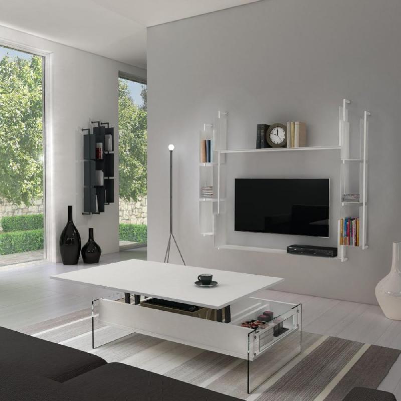 Table basse relevable blanc mat Bella 110x70 cm - piétement en verre trempé, design moderne_0