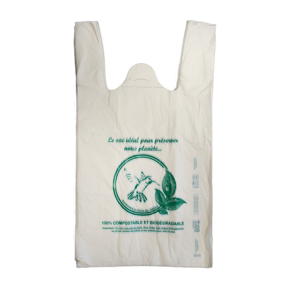 1000 sacs bretelles biodégradables 27+16×50 cm Colibri personnalisables - bio-sourcés, 16 microns, aptes au contact alimentaire_0