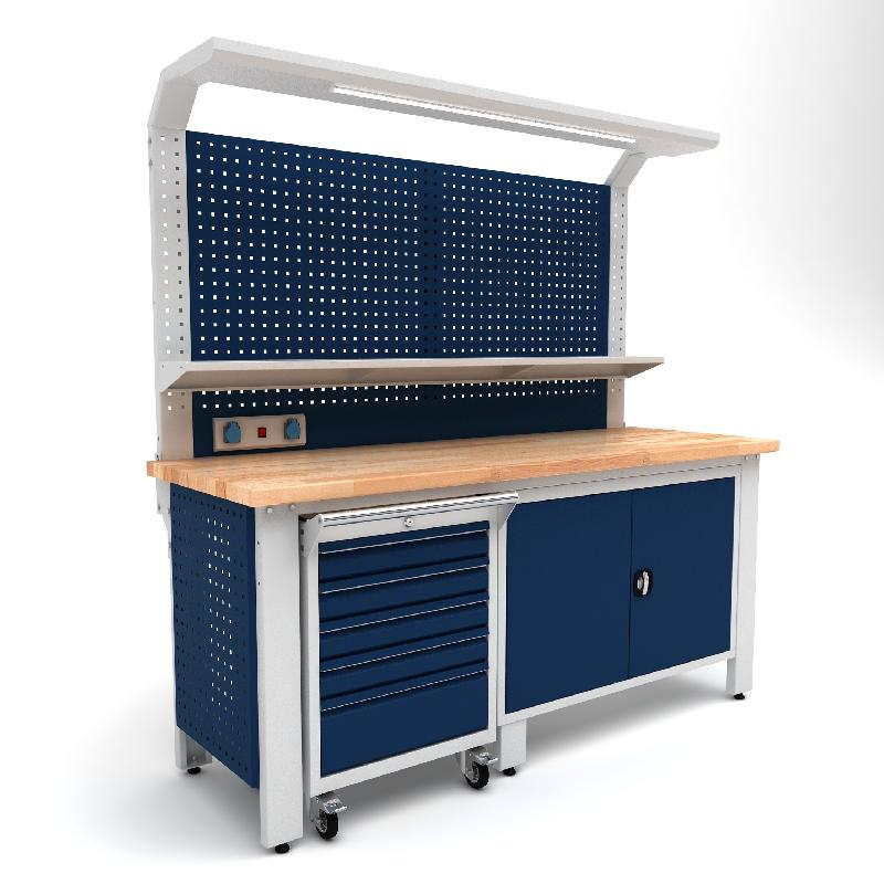 Établi d'atelier industriel 2000 mm PRACO W T51 - Plateau en hêtre massif - Éclairage LED - Tiroirs et armoire MW Tools PRAW2000T51_0