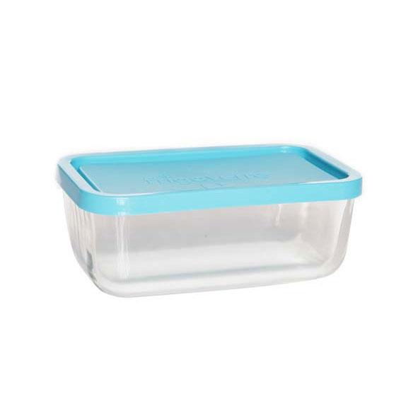 BOÎTE DE CONSERVATION RECTANGULAIRE EN VERRE COUVERCLE PLASTIQUE BLEU 21 X 13 CM - BORMIOLI ROCCO - FRIGOVERRE