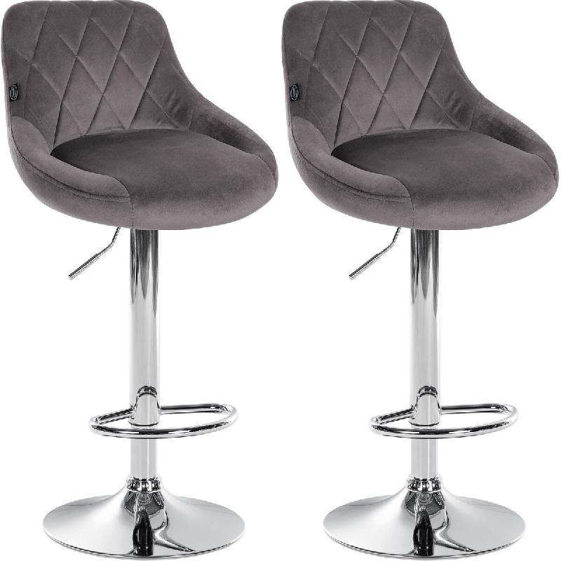 Décoshop26 - Set de 2 tabourets de bar coutures décoratives losanges assise en velours gris et cadre en métal chromé TDB10772 - gris 3000250470803_0