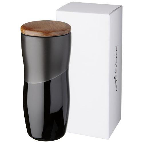 Gobelet à double paroi 370 ml Reno - céramique mat et brillant avec couvercle en bois_0