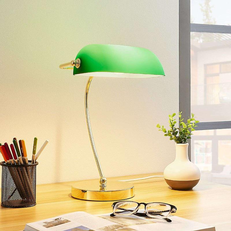 LINDBY LAMPE À POSER SELEA COULEUR LAITON, ABAT-JOUR VERT