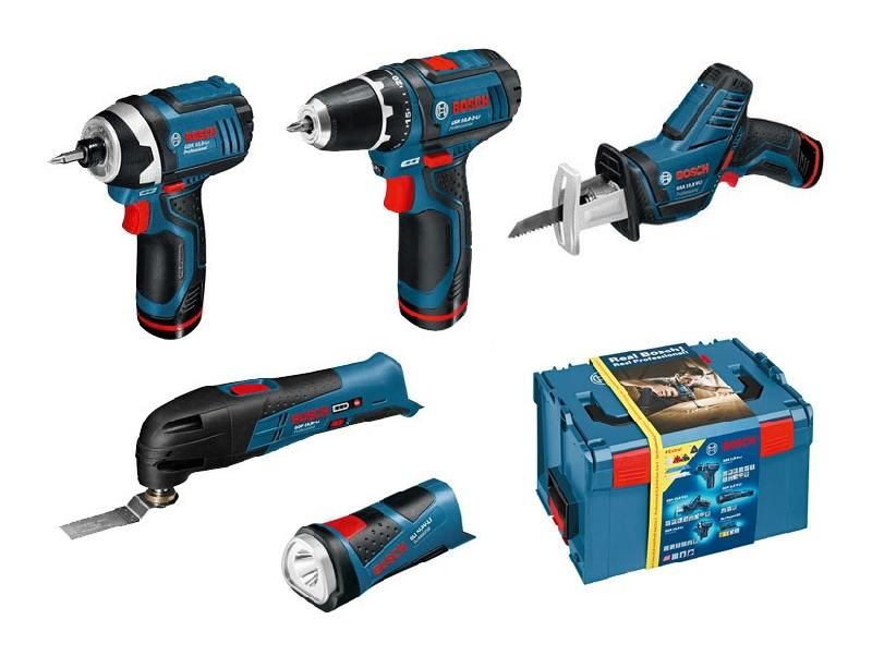 COFFRET 5 OUTILS BOSCH VISSEUSE, VISSEUSE À CHOCS, DÉCOUPEUSE, SCIE SABRE, LAMPE ET 3 BATTERIES