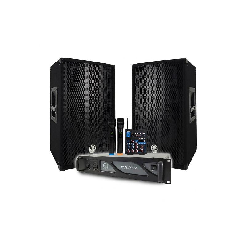 Pack Sono DJ BM SONIC Amplificateur 2000W, Paire d'Enceintes BMS12 2x600W, Câbles, table de mixage 2 micros sans fils - 3666638033703_0