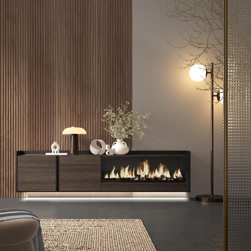 SKRAUT HOME - MEUBLE TV EFFET BOIS DE CHÊNE ET NOIR 212X35X50CM CHEMINÉE EFFET FEU