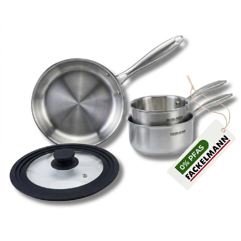 Batterie de cuisine avec 1 poêle 28 cm et 2 casseroles 14/18 cm et 1 couvercle de cuisson universel sans PFAS Fackelmann Vita3 - gris Acier inoxydabl_0