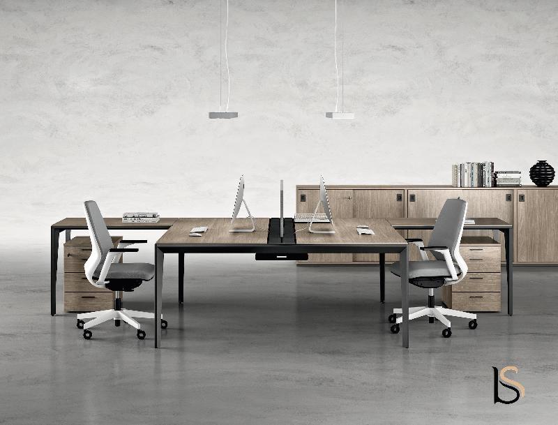 Bureau bench 2 personnes avec retour X5 - Officity. - 160, Blanc, Chêne moyen_1