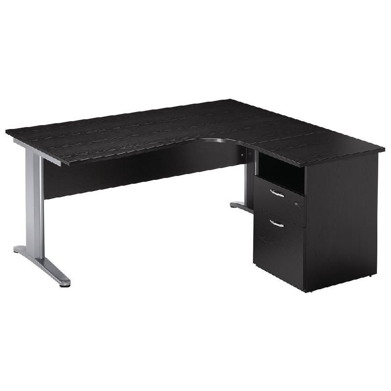 BUREAU COMPACT PRONTO MÉTAL - RETOUR À DROITE L.160 X P.100 CM - PLATEAU NOIR - PIEDS L ALUMINIUM