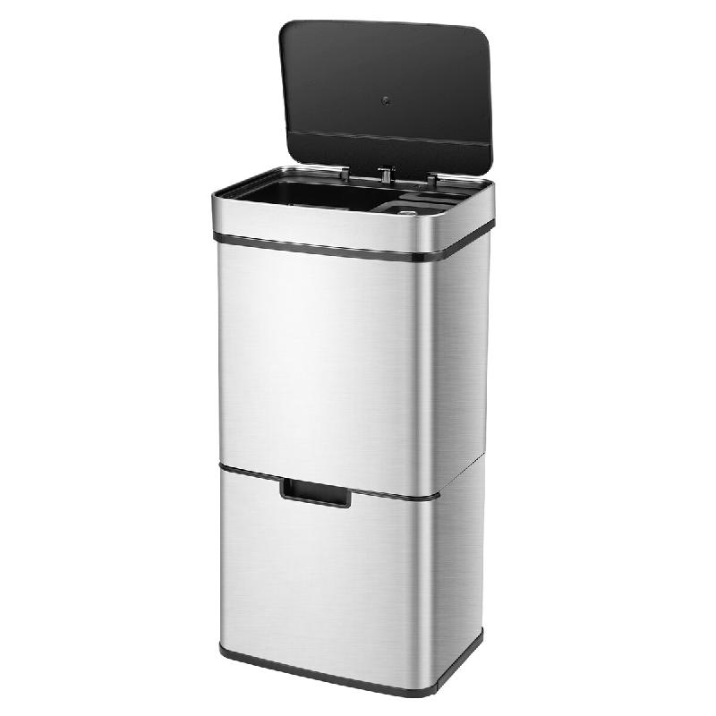 COSTWAY Poubelle 72L 4 compartiments, poubelle électrique capteur, tri sélectif 2×11L+3,5L+46,5L, poubelle cuisine fermeture douce - argenté inox_0