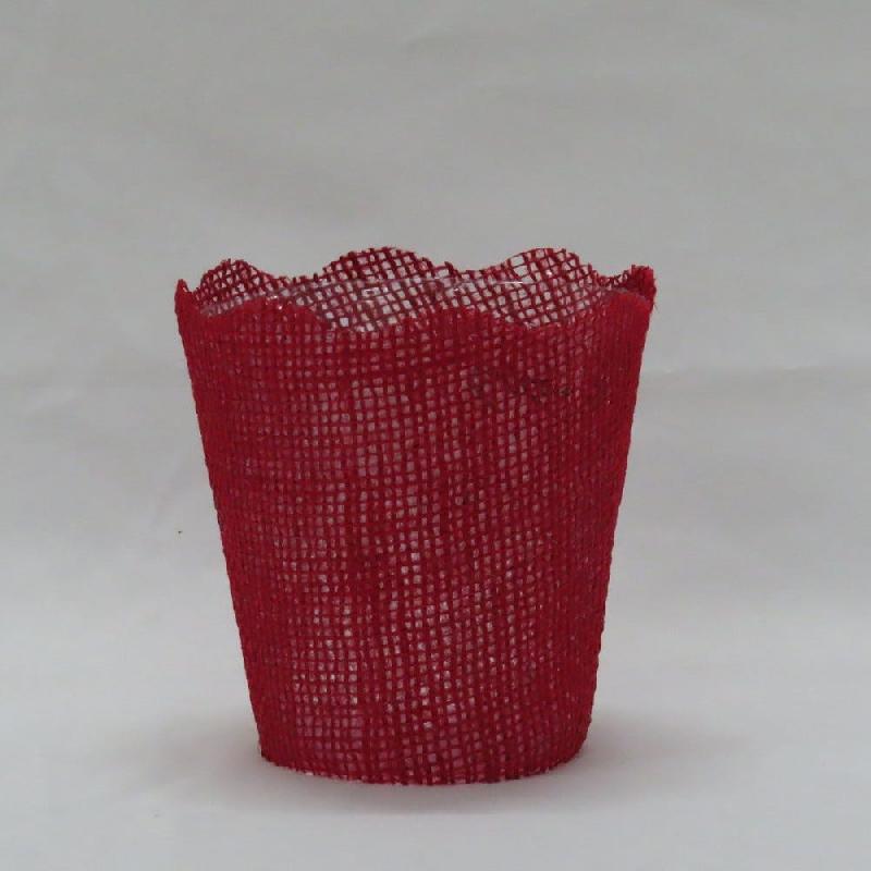 Pot en jute rouge bords dentelés avec interieur PET Ø12,5 H12,5 cm - par 12_0