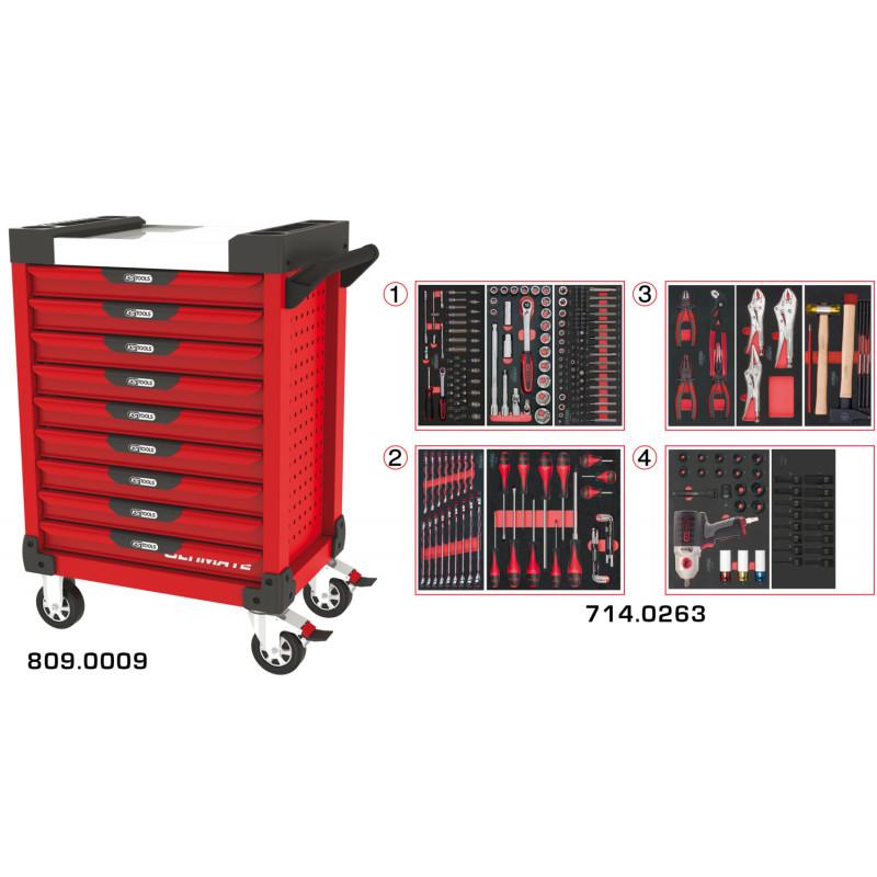 Servante PEARLline rouge 9 tiroirs équipée de 263 outils - KS Tools | 809.9263_0