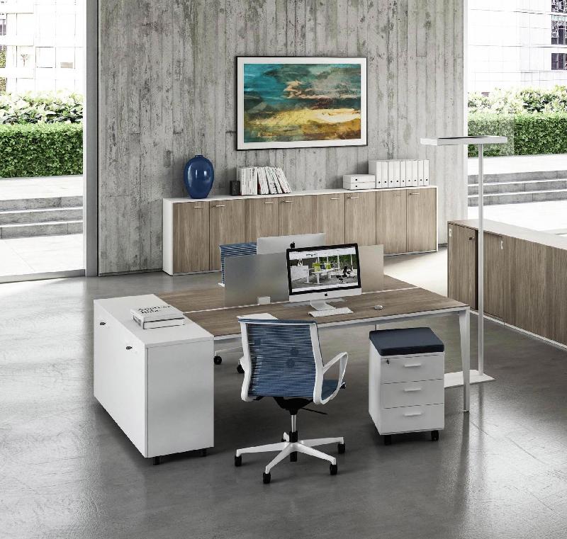 Bureau bench 2 personnes sur armoires X5 - Officity. - 162, Anthracite, Noyer canaletto_0