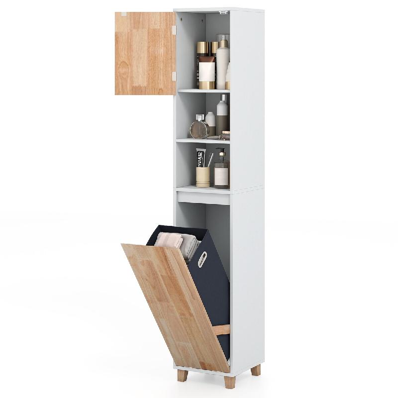 COSTWAY Armoire bain avec panier à linge, haute avec 2 compartiments, bois, 32x31x170,5cm, naturel - blanc Bois manufacturé VH34032IT_0