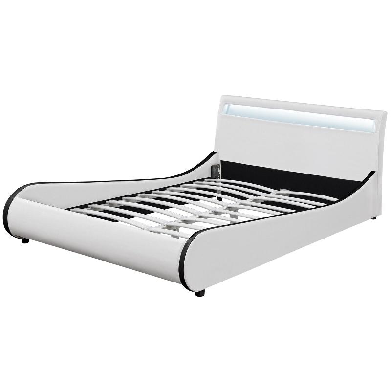 Décoshop26 - Lit double 2 personnes capitonné LED 180 x 200 cm en cuir synthétique blanc avec sommier à lattes 03_0005324 - blanc 3000632599788_0