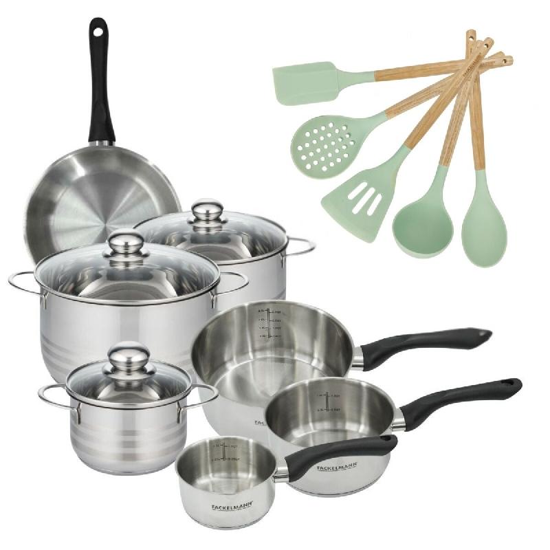 Lot de 1 poêle 20 cm, 3 Faitouts 16/20/24 cm et 3 Casseroles 12/16/20 cm Fackelmann Généva et 5 ustensiles Océan - gris inox 3176239920291_0