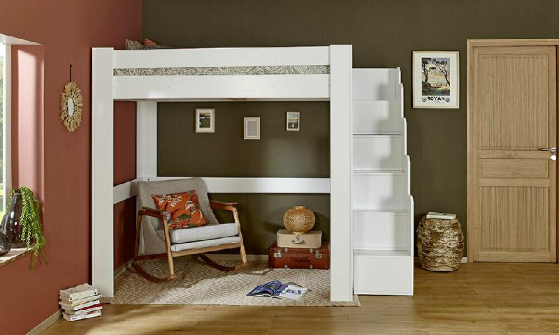 PACK LIT MEZZANINE ESCALIER PAROS + MATELAS  BLANC 90X190 CM/OPT:MATELAS ELBE HD