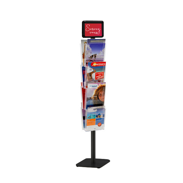 Porte brochure cristal double-faces sur pied NOIR - 8 cases A4 Réf : 214714NR - Largeur case 21,9 cm_0